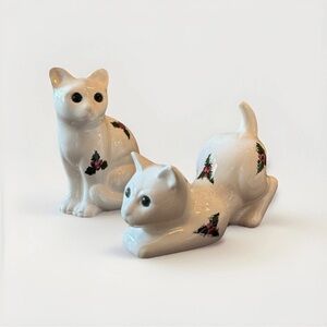 2 Alcobaca Portugal White Cat Kitten Figurines Painted Holly glass Eyes 10” 9”